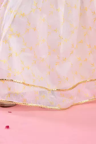 Off White and Gold Cotton Printed Kids' Lehenga