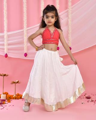 Girl's Pink Flared Lehenga with Halter Neck Top Set 1