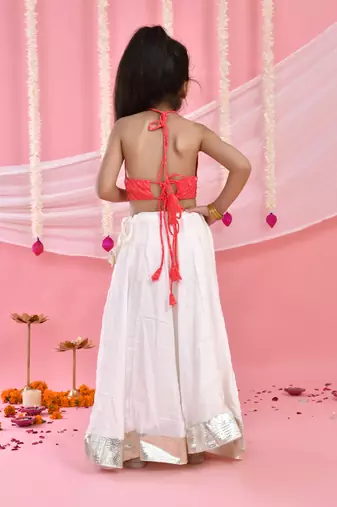 Girl's Pink Flared Lehenga with Halter Neck Top Set