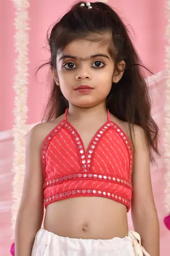 Girl's Pink Flared Lehenga with Halter Neck Top Set