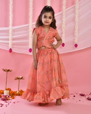 Girl's Peach Bandhani Checks Lehenga and Top Set 1
