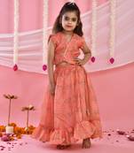 Girl's Peach Bandhani Checks Lehenga and Top Set