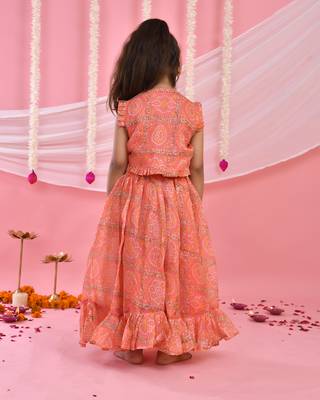 Girl's Peach Bandhani Checks Lehenga and Top Set 2