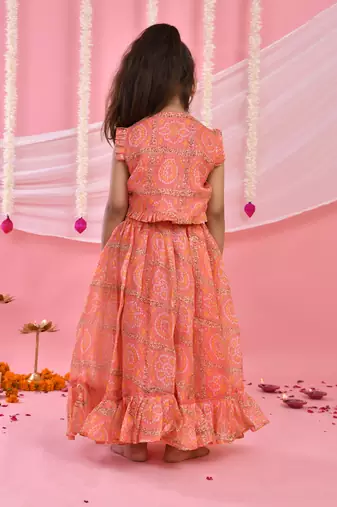 Girl's Peach Bandhani Checks Lehenga and Top Set