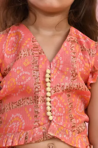 Girl's Peach Bandhani Checks Lehenga and Top Set