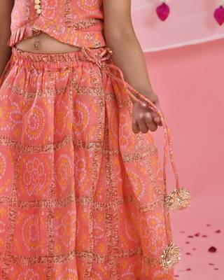 Girl's Peach Bandhani Checks Lehenga and Top Set 4