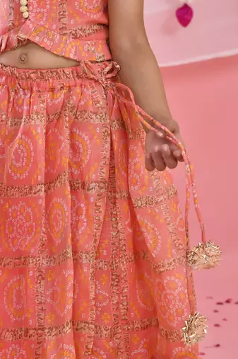 Girl's Peach Bandhani Checks Lehenga and Top Set