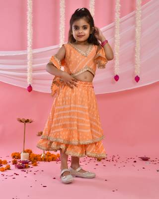 Girl's Peach Bandhani Lehenga and Top Set With Dupatta 1