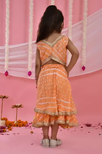 Girl's Peach Bandhani Lehenga and Top Set With Dupatta