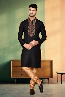 Black art silk embroidery kurta churidar traditional ethnic wear for men's 2