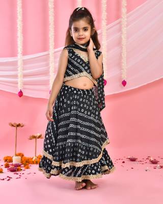 Black Silk Bandhani Printed Lehenga Choli Set for Girls 1