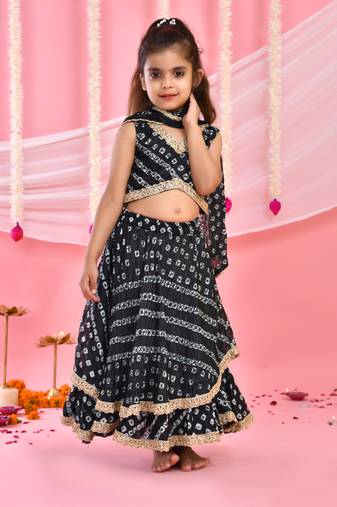 Black Silk Bandhani Printed Lehenga Choli Set for Girls