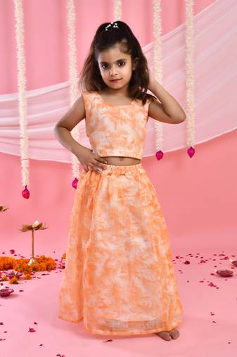 Girl's Peach Tie Dye Lehenga and Top Set