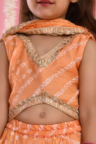 Girl's Peach Bandhani Lehenga and Top Set With Dupatta