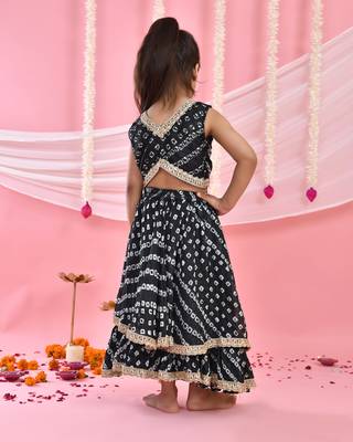 Black Silk Bandhani Printed Lehenga Choli Set for Girls 2