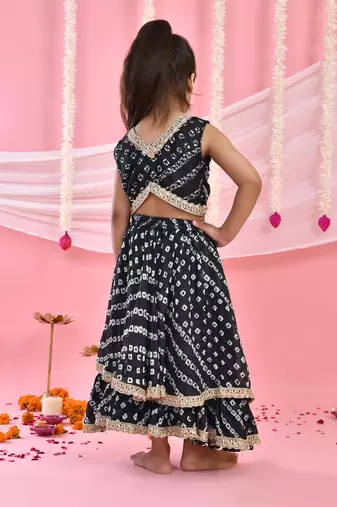 Black Silk Bandhani Printed Lehenga Choli Set for Girls