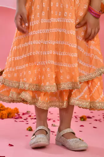 Girl's Peach Bandhani Lehenga and Top Set With Dupatta