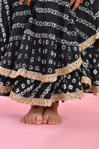 Black Silk Bandhani Printed Lehenga Choli Set for Girls