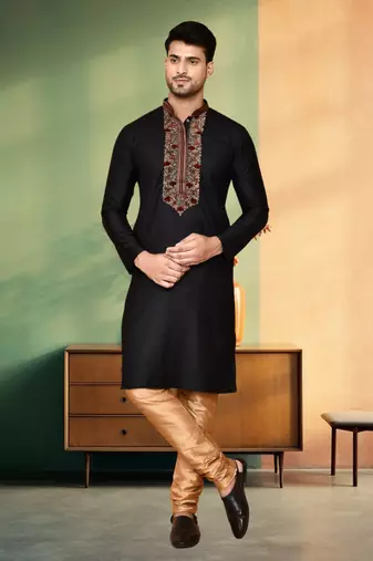 Black art silk embroidery kurta churidar traditional ethnic wear for men's