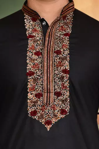 Black art silk embroidery kurta churidar traditional ethnic wear for men's