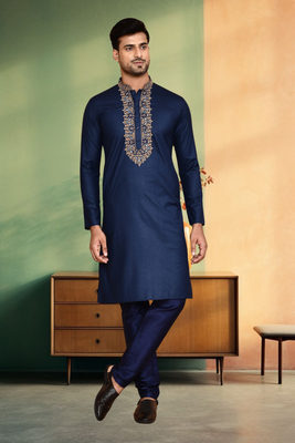 Navy blue art silk embroidery kurta churidar indian ethnic wear for men's 1