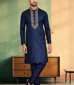 Navy blue art silk embroidery kurta churidar indian ethnic wear for men's