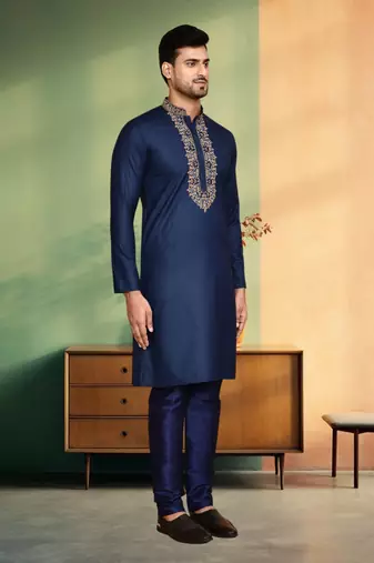 Navy blue art silk embroidery kurta churidar indian ethnic wear for men's