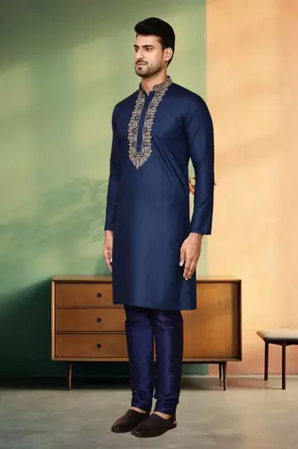 Navy blue art silk embroidery kurta churidar indian ethnic wear for men's