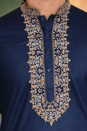 Navy blue art silk embroidery kurta churidar indian ethnic wear for men's