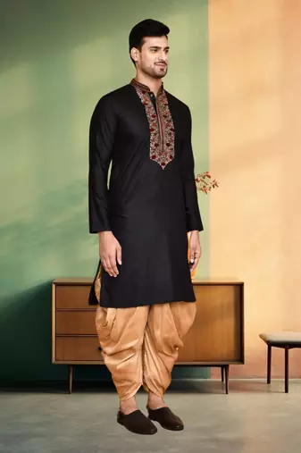 Art silk black embroidery kurta patiyala for men's
