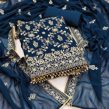 Blue Georgette Embroidered Unstitched Dress Materials 3 Piece Set 1