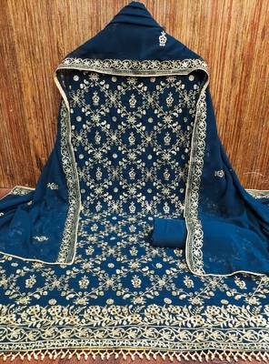 Blue Georgette Embroidered Unstitched Dress Materials 3 Piece Set 2