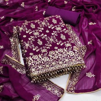 Purple Georgette Embroidered Unstitched Dress Materials 3 Piece Set 1