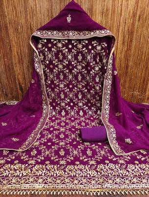 Purple Georgette Embroidered Unstitched Dress Materials 3 Piece Set 2