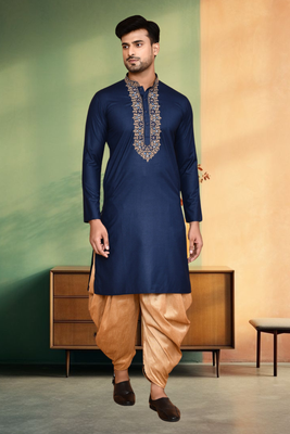 Navy blue art silk embroidery kurta patiyala indian ethnic wear for men's 1