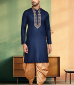 Navy blue art silk embroidery kurta patiyala indian ethnic wear for men's