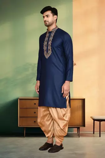 Navy blue art silk embroidery kurta patiyala indian ethnic wear for men's
