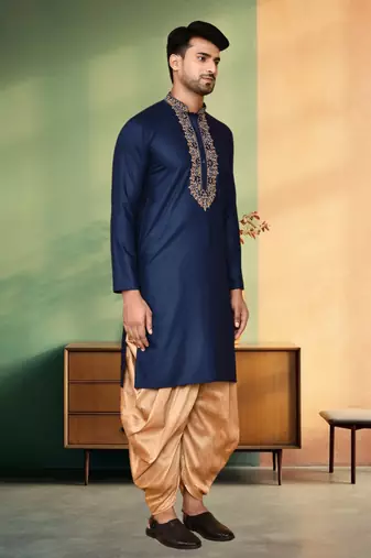 Navy blue art silk embroidery kurta patiyala indian ethnic wear for men's