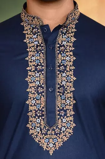 Navy blue art silk embroidery kurta patiyala indian ethnic wear for men's