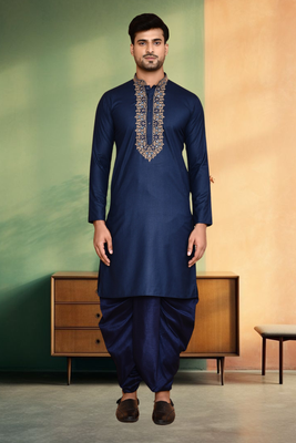 Navy blue art silk embroidery kurta dhoti for men's 1