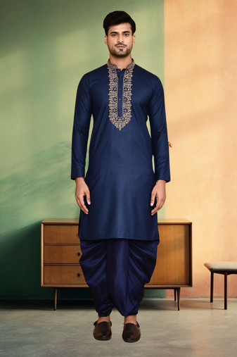 Navy blue art silk embroidery kurta dhoti for men's