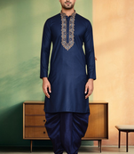Navy blue art silk embroidery kurta dhoti for men's