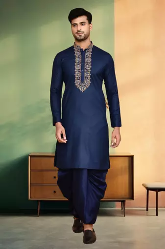 Navy blue art silk embroidery kurta dhoti for men's
