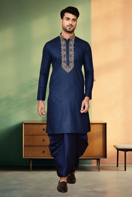 Navy blue art silk embroidery kurta dhoti for men's 3