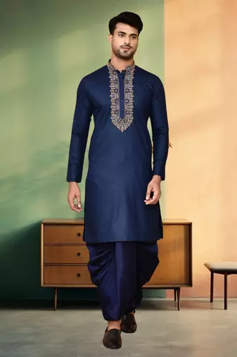 Navy blue art silk embroidery kurta dhoti for men's