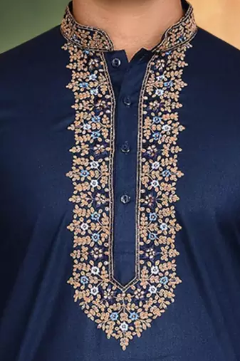 Navy blue art silk embroidery kurta dhoti for men's