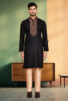 Black art silk kurta pant indian traditional ethnic wear for men's 1