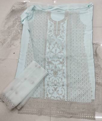 Sky Blue Net Embroidered Straight Salwar Kameez 4