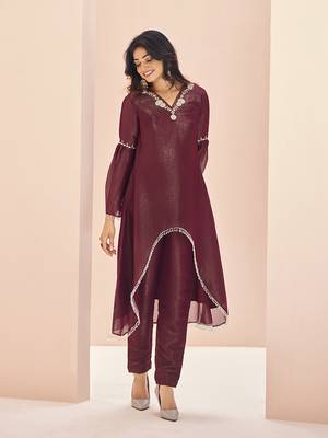 Deep maroon embellished organza kurta set 1