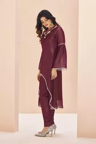 Deep maroon embellished organza kurta set